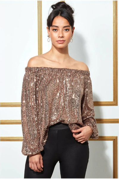 Goddiva Bardot Sequin Crop Top With Cuffed Sleeves-champagne