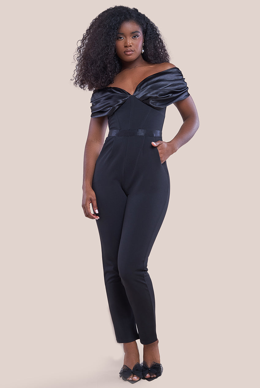 Image of Goddiva Corset Bodice Scuba & Satin Bardot Jumpsuit - Black