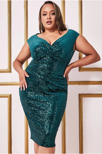 Goddiva plus sequin and velvet bardot midi – emerald green