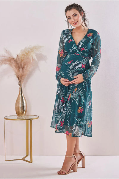 Goddiva Maternity Floral Print Wrap Midi Green