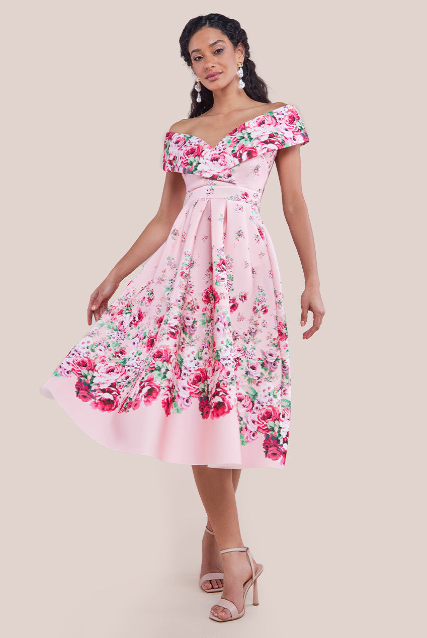 Goddiva Bardot Floral Print A-Line Scuba Foam Midi Dress - Blush