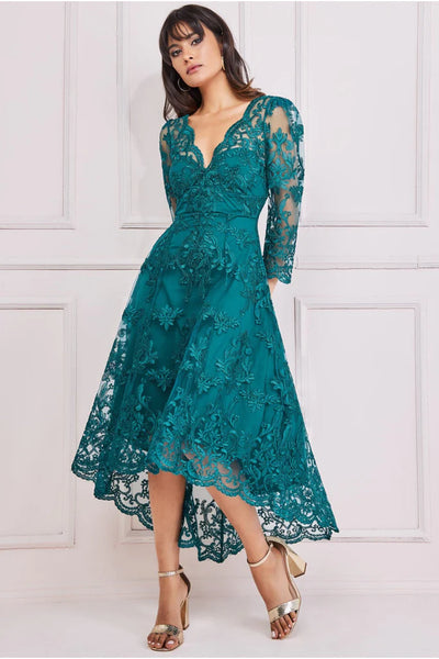 Goddiva scalloped lace dipped hem midi dress - emerald