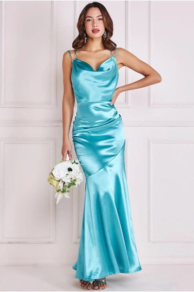 Goddiva Satin Cowl Neck With Strappy Back Maxi - Aqua