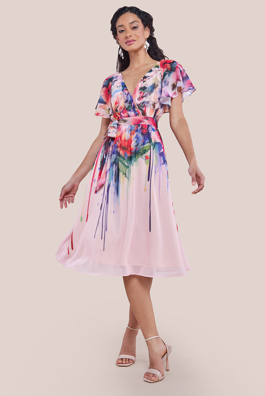 Goddiva Flutter Sleeve Floral Bodice Midi Dress - Blush