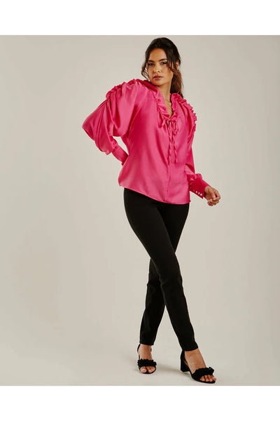 Dusty Pink Gathered Sleeve Tie Neck Blouse
