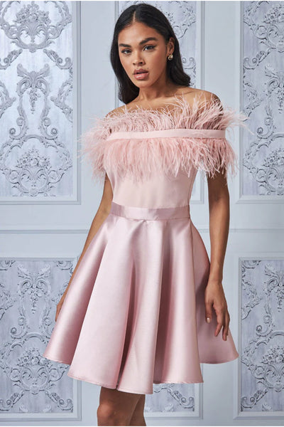 Goddiva off-the-shoulder feather mini dress - blush