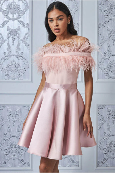   Goddiva off the shoulder feather mini dress – blush