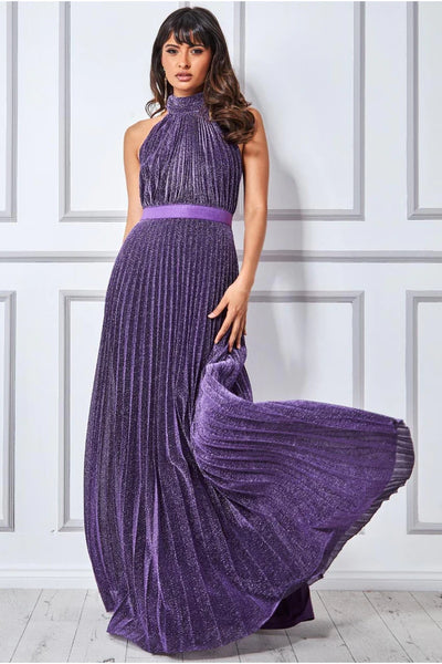 Goddiva lurex halter neck pleated maxi dress – purple