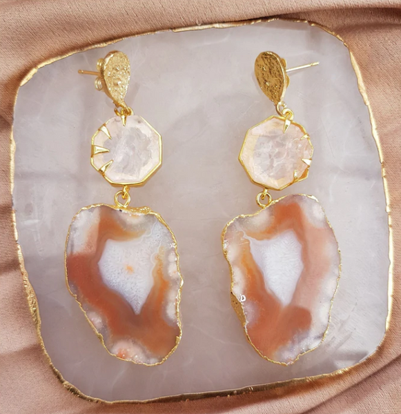 Yaa Yaa London Neutral ‘Hold On’ Rose Quartz Gemstone Statement Earrings