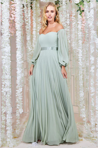 Goddiva Bardot Chiffon Pleated Maxi - Sagegreen