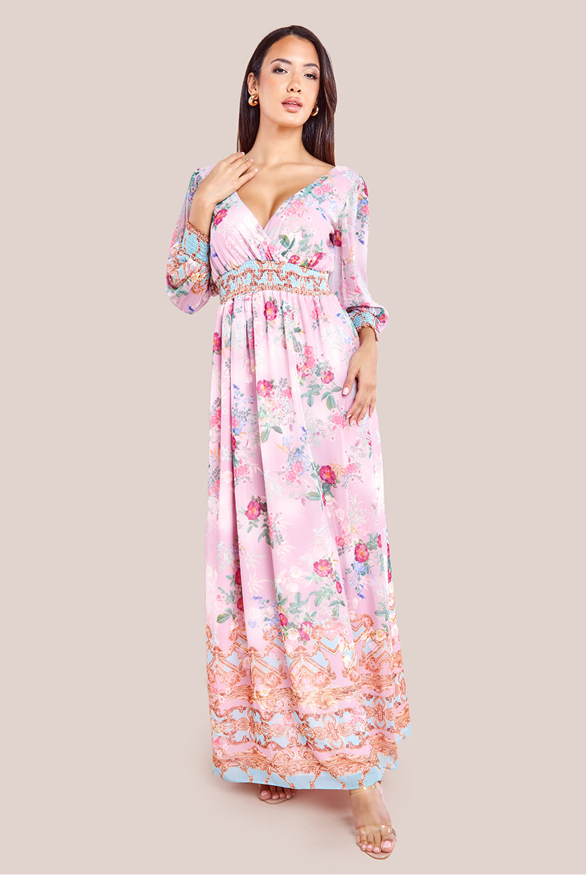 Image of Goddiva Chiffon Wrap Border Floral Print Maxi Dress - Pink