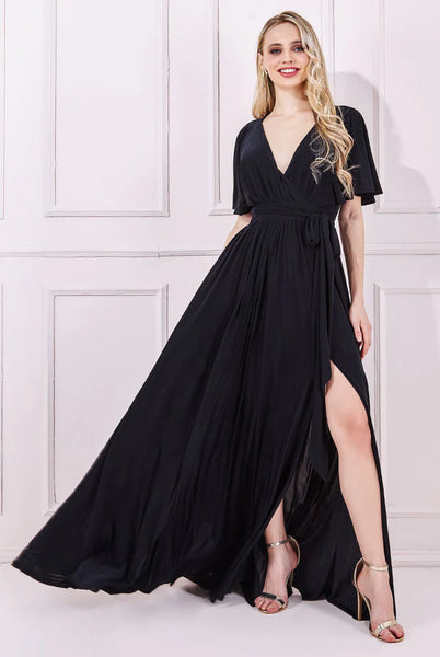 Goddiva Wrap Front Maxi With Flutter Sleeves - Black