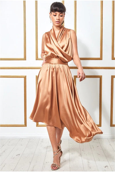 Goddiva Wrap Style High Low Satin Midi Dress