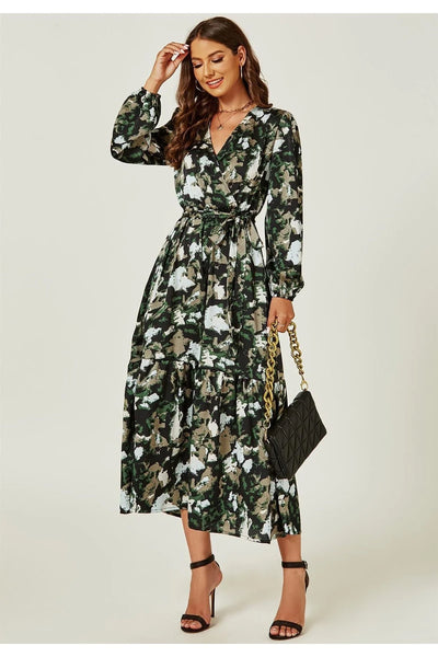 Fs Collection Long Sleeve Wrap Midi Dress In Black Print