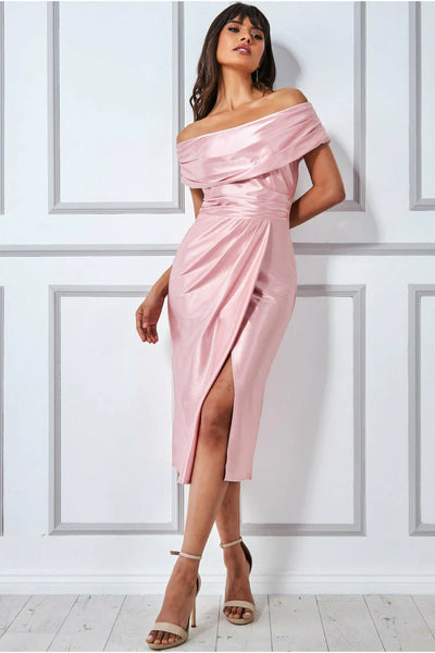 Goddiva cowl neck bardot satin midi with front split - blush