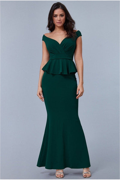 Goddiva Cross Over Peplum Maxi Dress - Emerald