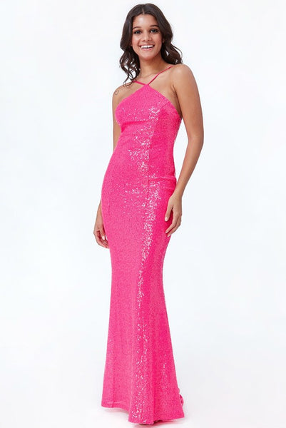 GODDIVA - LOW BACK SEQUIN HALTER MAXI DRESS - CERISE