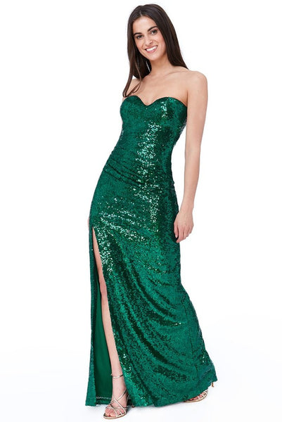 GODDIVA STRAPLESS SEQUIN SPLIT MAXI DRESS - EMERALD