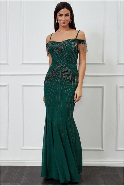 Goddiva Beaded Fringe Bardot Maxi Dress - Emerald