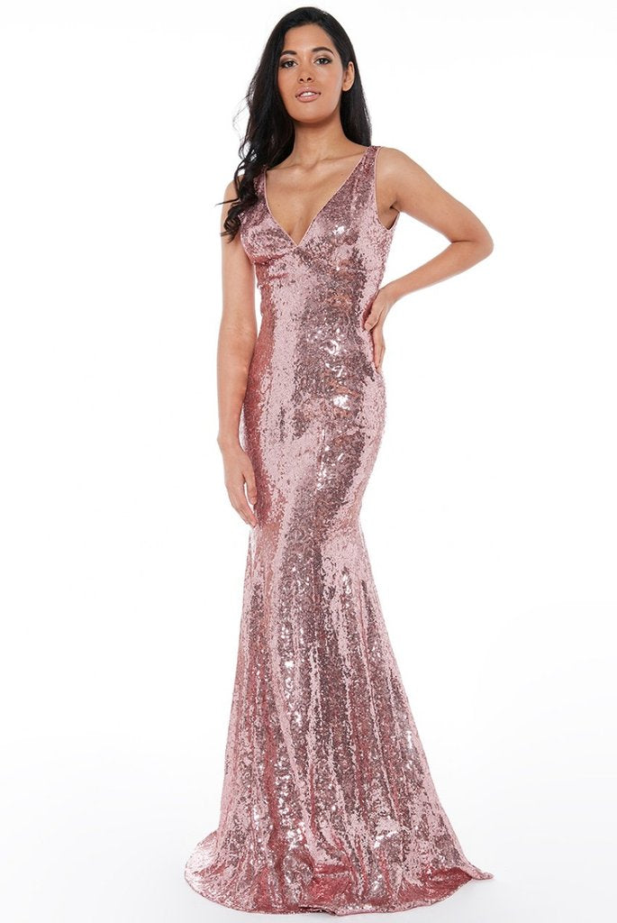   RELATED PRODUCTS SEQUINED LOW V NECK MAXI DRESS - ROSE