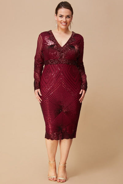 GODDIVA PLUS SCALLOPED HEM STARBURST MIDI DRESS - WINE