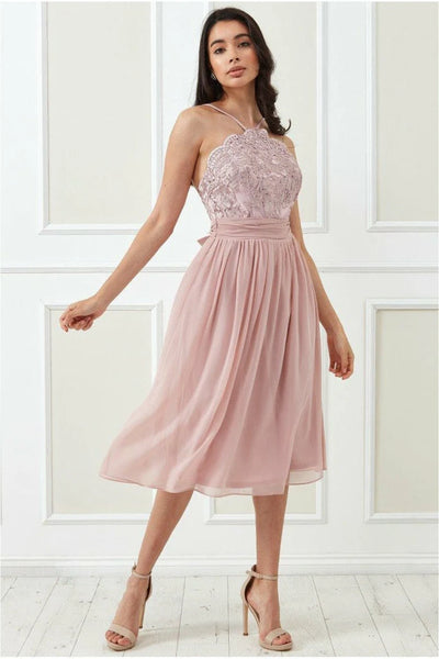 Goddiva lace halter neck chiffon midi skirt dress - blush