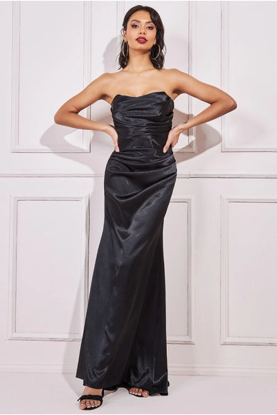 Goddiva Satin Bandeau Maxi Dress - Black