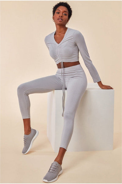 Cosmochic Ribbed Drawstring Cropped Top with Leggings Set in Grey 