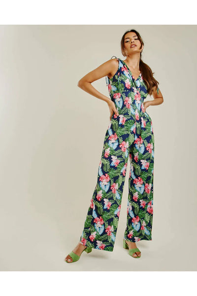 Dusty Pink Tropical Print Wrapped Jumpsuit