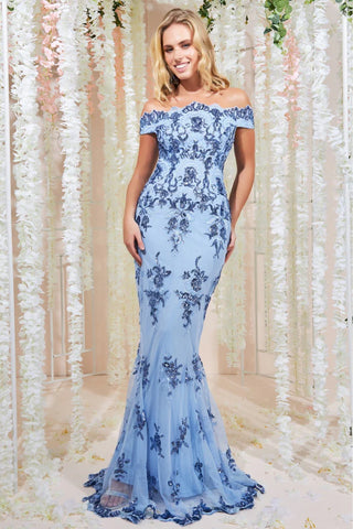Goddiva Bardot Sequin Embroidered Maxi Dress - Powder Blue