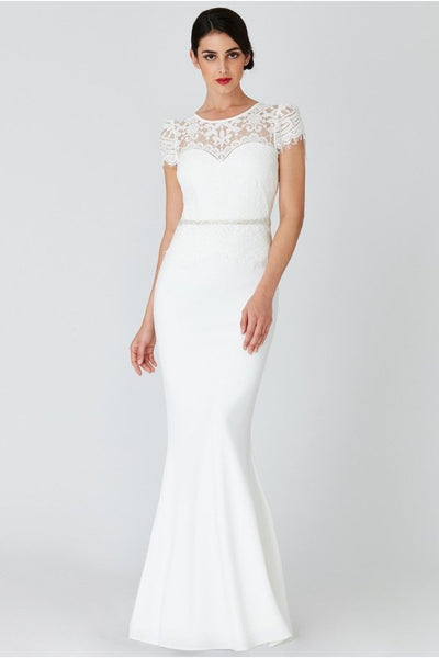 GODDIVA LACE BODICE WEDDING DRESS WITH CAP SLEEVES - WHITE