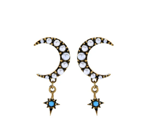 Last True Angel Pearl Moon And Turquoise Star Earring In Antique Gold