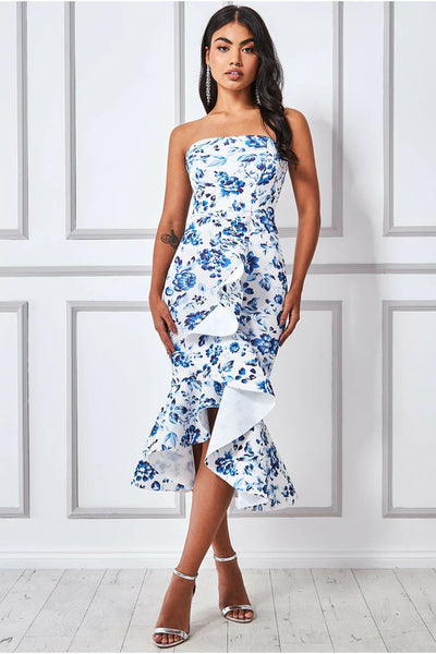 Goddiva bow bandeau midi with ruffles – blue print