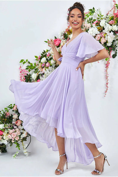 Goddiva Pleated Chiffon High Low Midi Dress Lilac