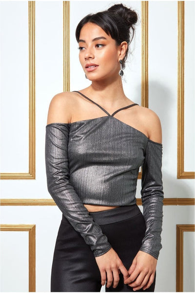 Goddiva Mettalic Cut Out Dull Silver Crop Top