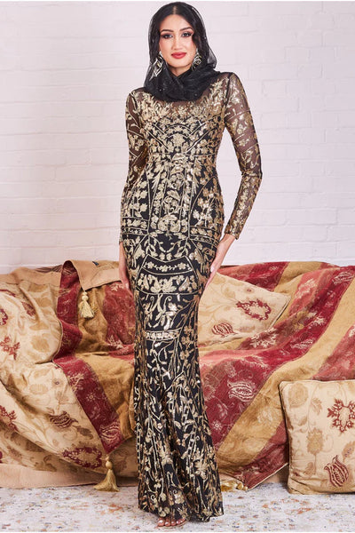Goddiva Modesty Sequin Embroidered Maxi Dress - Gold