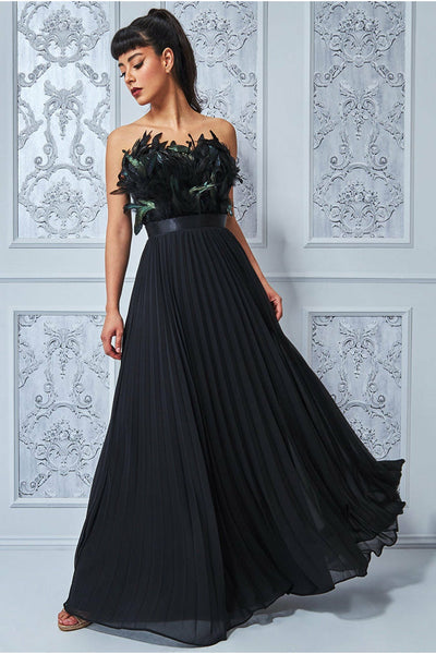 Goddiva Feather Off The Shoulder Pleated Evening - Black