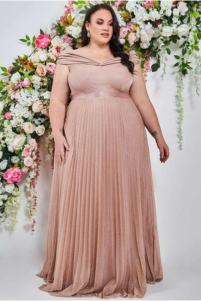 Goddiva Bardot pleated skirt maxi dress - blush