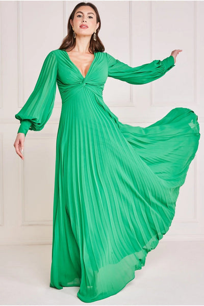 Goddiva Fully Pleated Chiffon Maxi Dress - Green