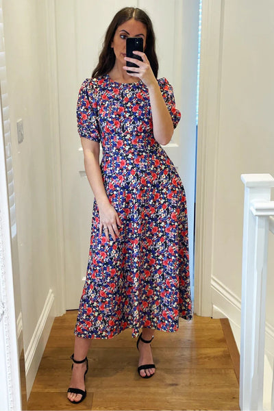 Signage Blue Floral Print Round Neck Puff Sleeve Midi Dress