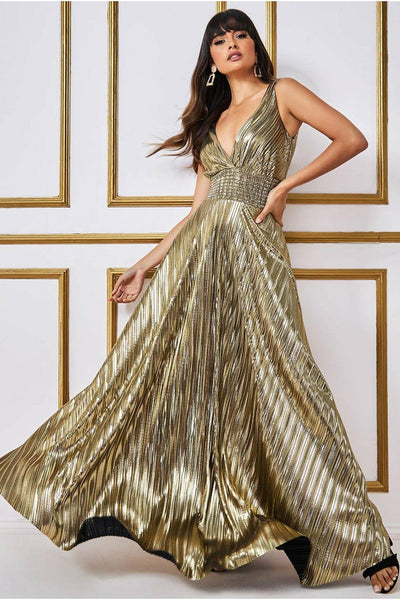 Goddiva foil pleated flare maxi dress - gold