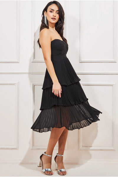 Goddiva Pleated Bandeau Bodice Chiffon Tiered Midi - Black