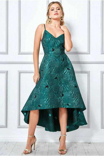 Goddiva Jacquard High Low Midi Dress - Emerald Green