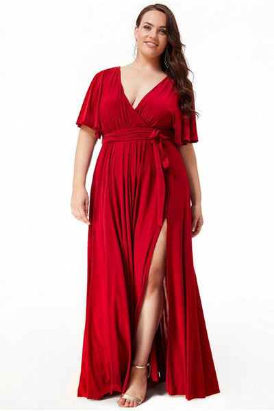 Plus Size Wrap Front Red Maxi Dress Flutter Sleeves