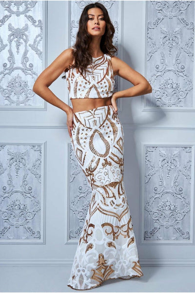 Goddiva Embroidered Sequin Co-Ord Set White Gold