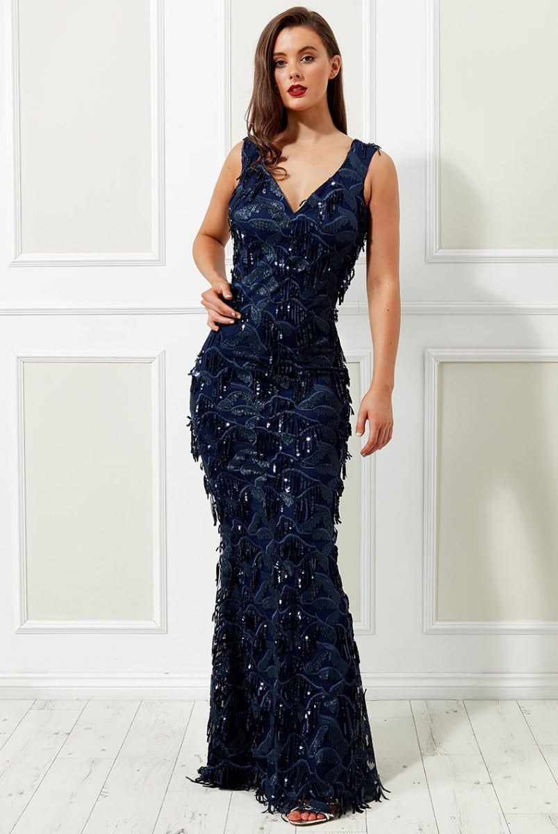 MESH AND SEQUINED FRINGE MAXI DRESS - NAVY