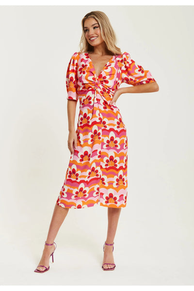 Liquorish Floral Knot Front Midi Dress In Orange And Pink