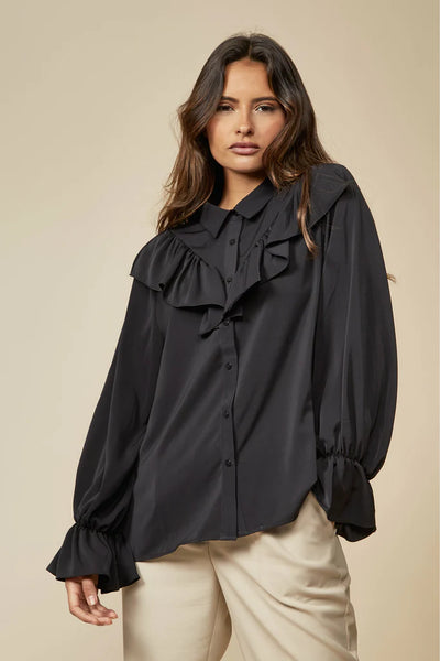 Hoxton gal ruffle detail front and ruffle sleeve shirt black