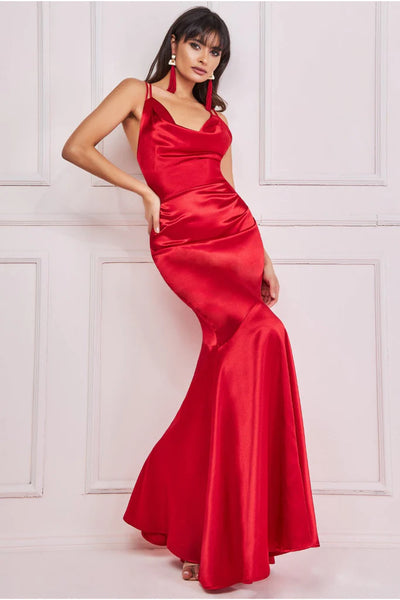 Goddiva cowl neck with strappy back satin maxi – red