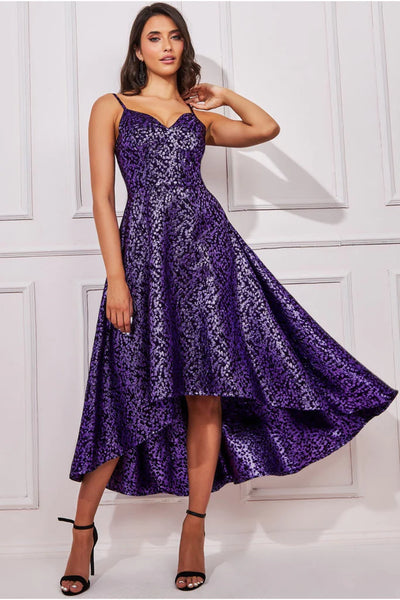 Goddiva foil jacquard sleeveless high low midi - purple